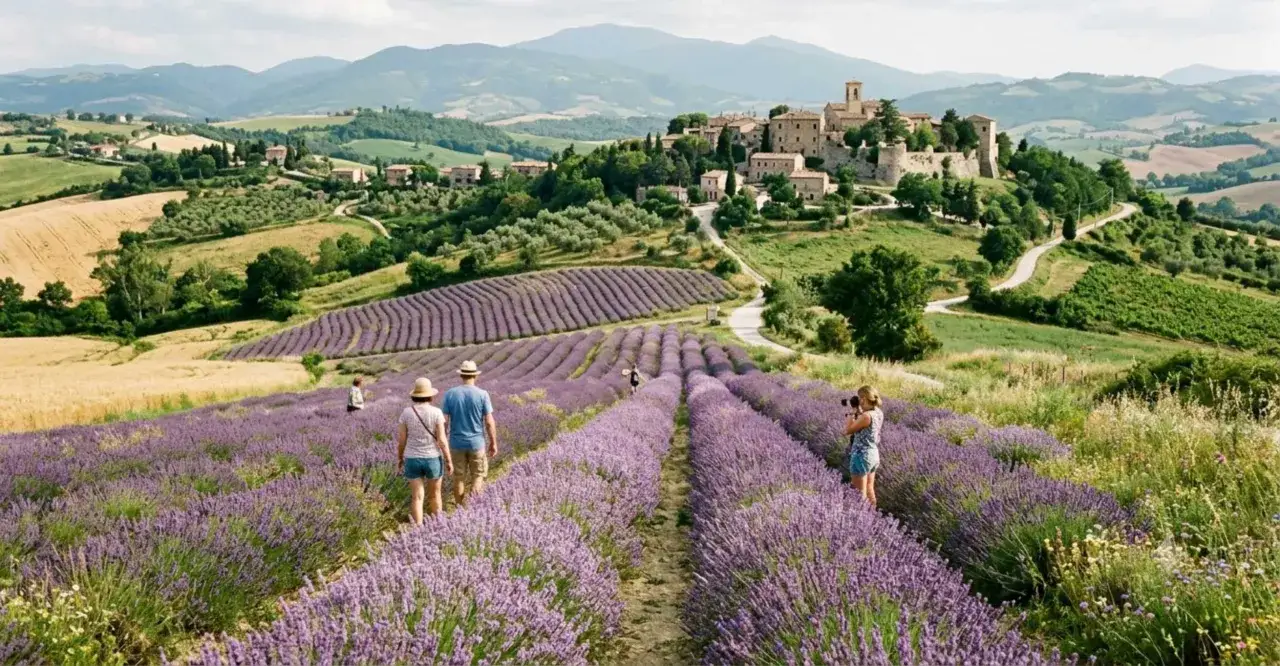 Un incantevole panorama dell'entroterra marchigiano con campi di lavanda in fiore, un borgo collinare e persone che passeggiano.