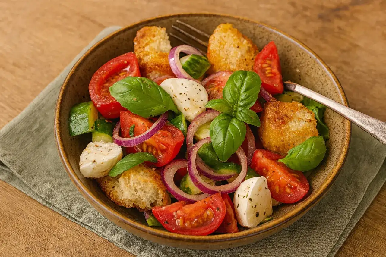 Ein k&ouml;stlicher Brotsalat mit Tomaten, Mozzarella, Gurken, roten Zwiebeln und Basilikum. Perfekt f&uuml;r ein leichtes Mittagessen oder als Beilage. Dieses Brotsalat Rezept ist einfach und schnell zubereitet.
