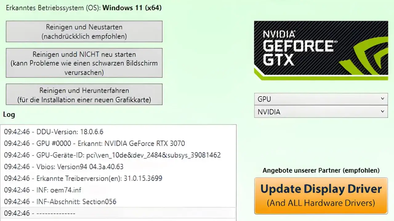 NVIDIA Treiber deinstallieren: Software zur Bereinigung und zum Neustart des Systems, erkennt NVIDIA GeForce RTX 3070.