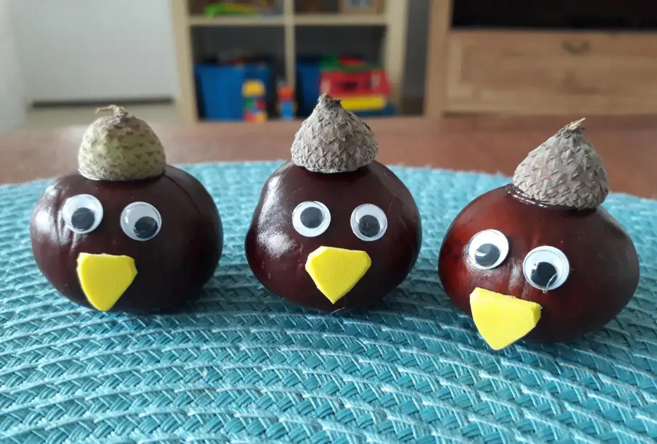 Drei lustige V&ouml;gel aus Kastanien und Eicheln, bereit zum Basteln.