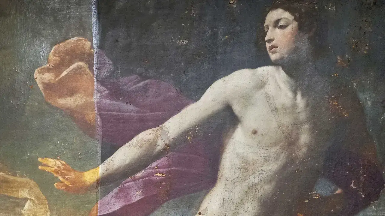 Détail d'une oeuvre de la Renaissance italienne : un jeune homme à la peau claire, drapé de pourpre, tend la main vers un élément hors champ.