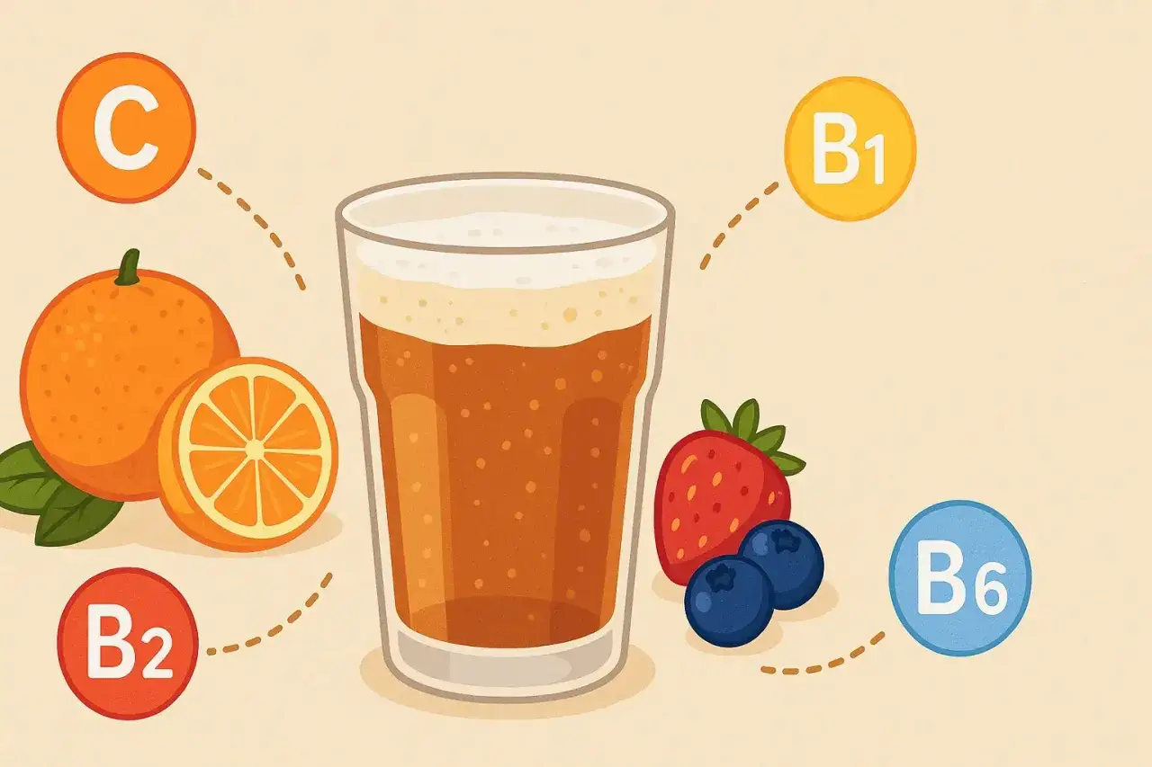 Composition du kombucha : un verre de boisson pétillante, des oranges, des fraises, des myrtilles et des vitamines B1, B2, B6 et C.