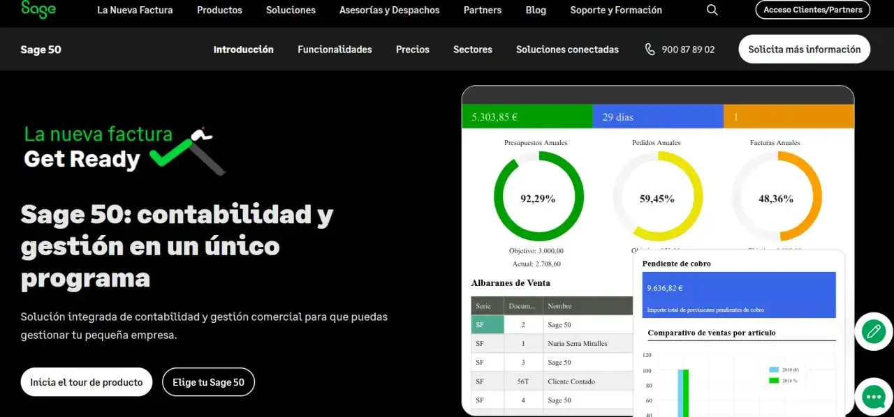 Sage 50: contabilidad y gesti&oacute;n en un &uacute;nico programa. Visualiza presupuestos, pedidos y facturas anuales, adem&aacute;s de pendientes de cobro.