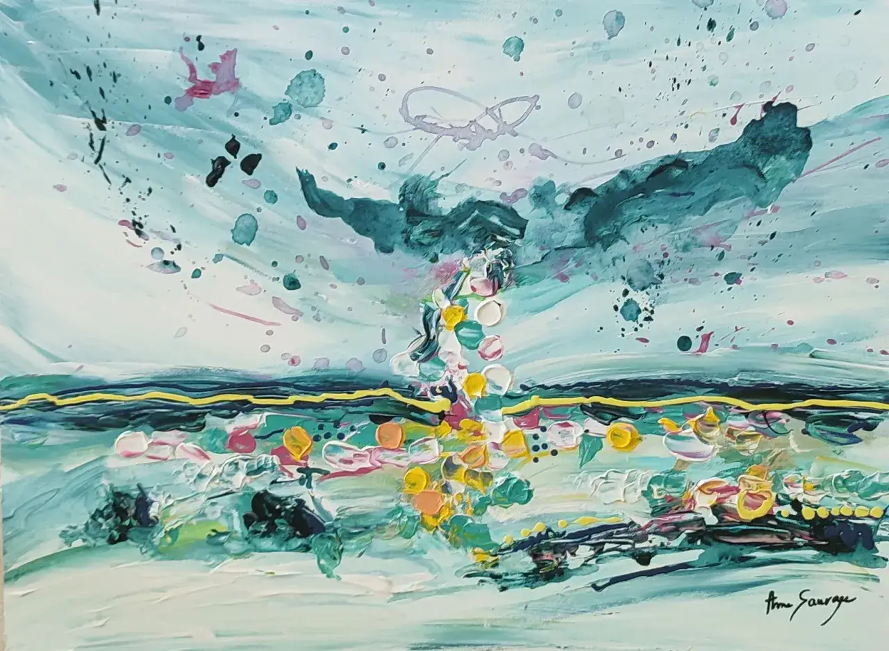 Abstraction aquatique aux éclaboussures roses et bleues. Le prix d'une toile de peinture comme celle-ci reflète l'émotion.