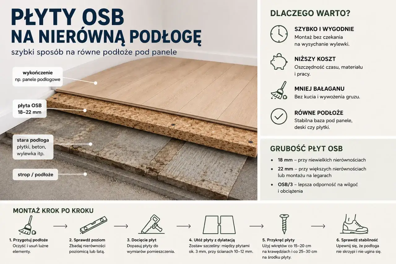 Warstwowa podłoga: panele, płyta OSB na starych legarach, stara podłoga i strop. Idealne rozwiązanie na nierówności.