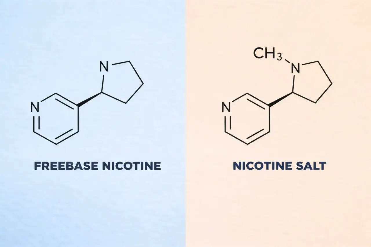Estructuras qu&iacute;micas de la nicotina base libre y la sal de nicotina. La mol&eacute;cula de nicotina es la misma, pero la sal tiene un grupo metilo a&ntilde;adido.