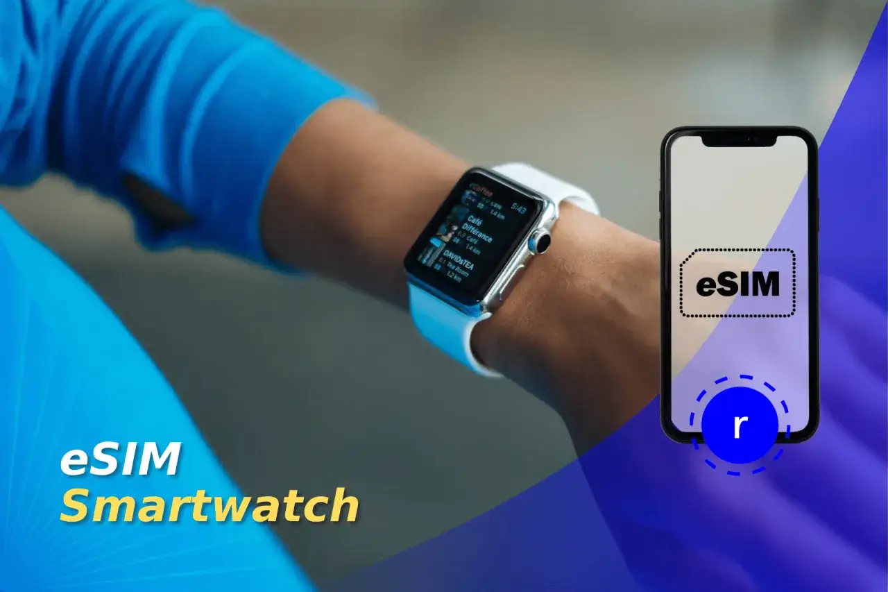 Montre connect&eacute;e eSIM : faut-il avoir son t&eacute;l&eacute;phone ? L'image montre une montre connect&eacute;e et un smartphone avec le logo eSIM.