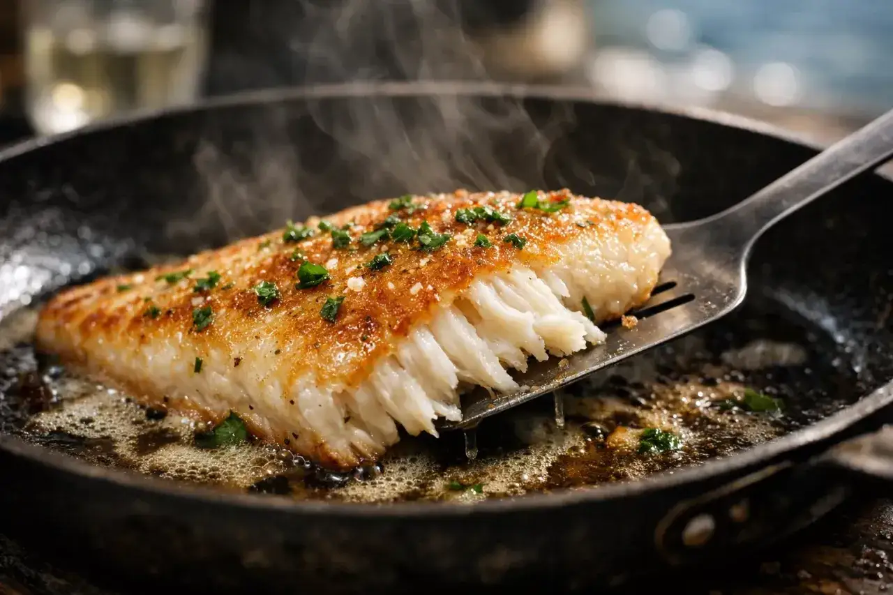 Un filet de merlan doré et croustillant, cuit à la perfection dans une poêle, dégageant une vapeur appétissante.