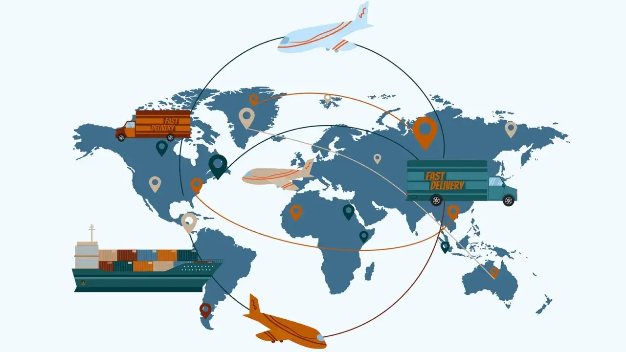 Weltkarte mit Flugzeugen, Schiffen und LKWs, die Lieferungen symbolisieren. Dies steht f&uuml;r weltweite Sendungsverfolgung und globale Logistik.