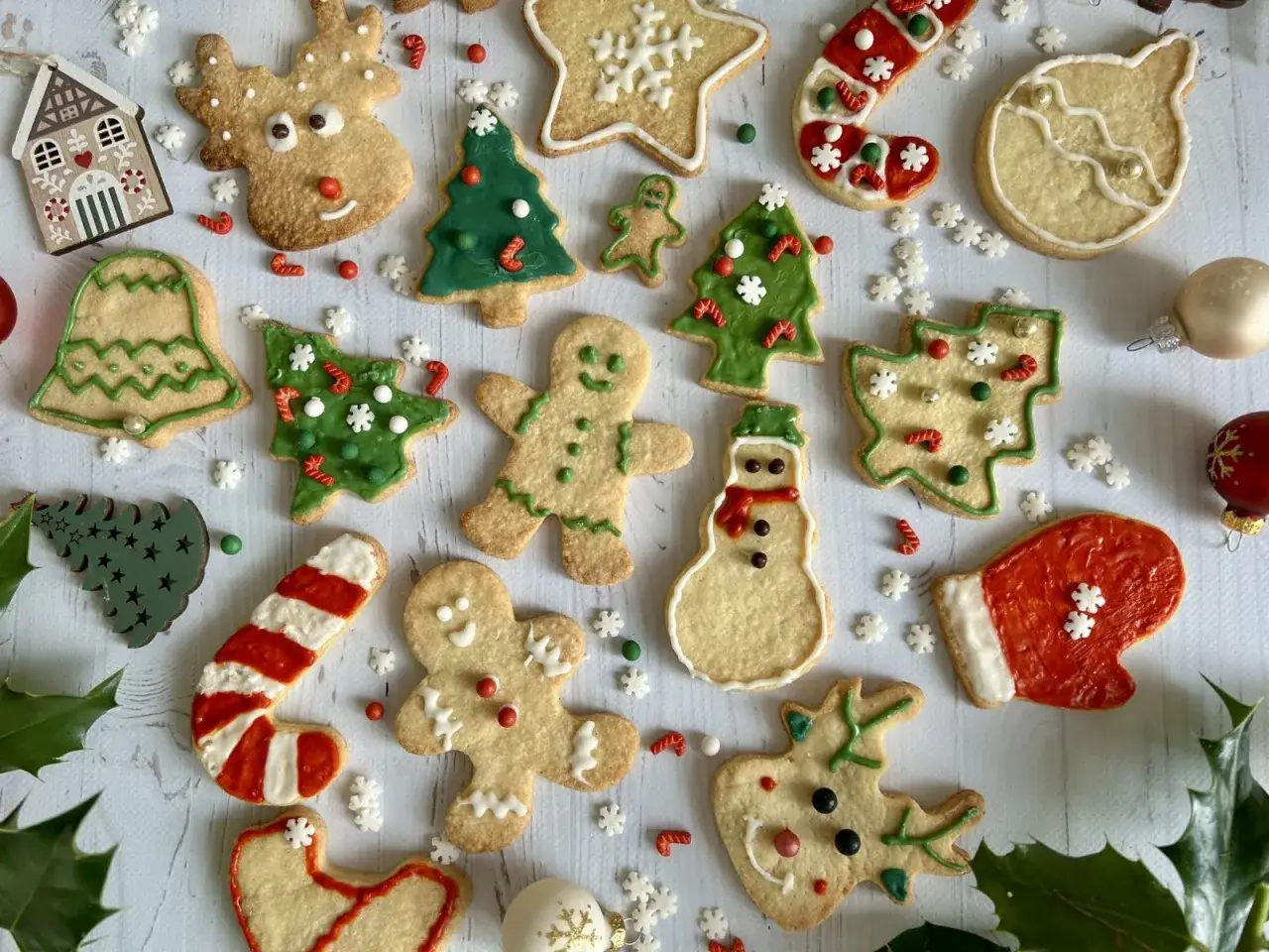 Biscuits de No&euml;l pour enfants : rennes, bonhommes de neige, sapins, &eacute;toiles, cloches, moufles, cannes de sucre. Une recette amusante pour les f&ecirc;tes.