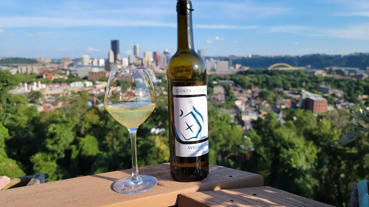 Ett glas och en flaska vitt vin, AveSSO, står på en träaltan med utsikt över en stad.