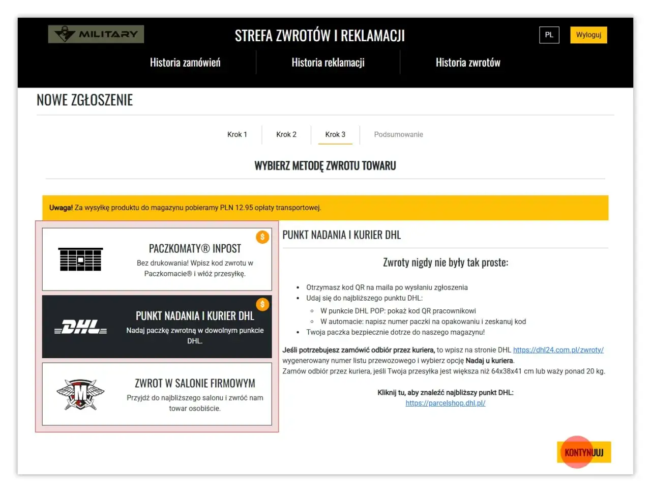Strefa zwrotów i reklamacji. Wybierz metodę zwrotu towaru: Paczkomaty InPost, punkt nadania i kurier DHL, zwrot w salonie firmowym. Militaria zwroty.
