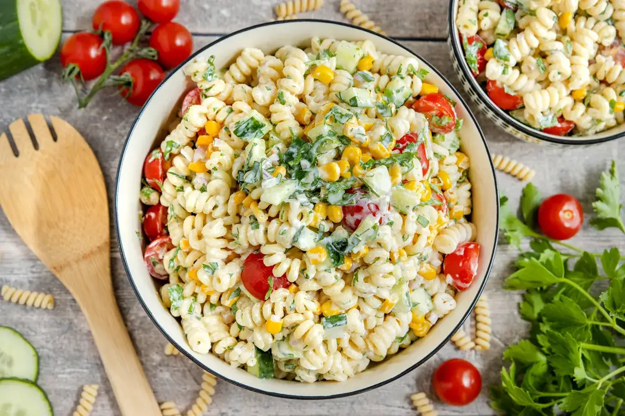 Ein cremiger Nudelsalat mit Tomaten, Gurken und Mais – perfekt als **Salat zum Grillen**.