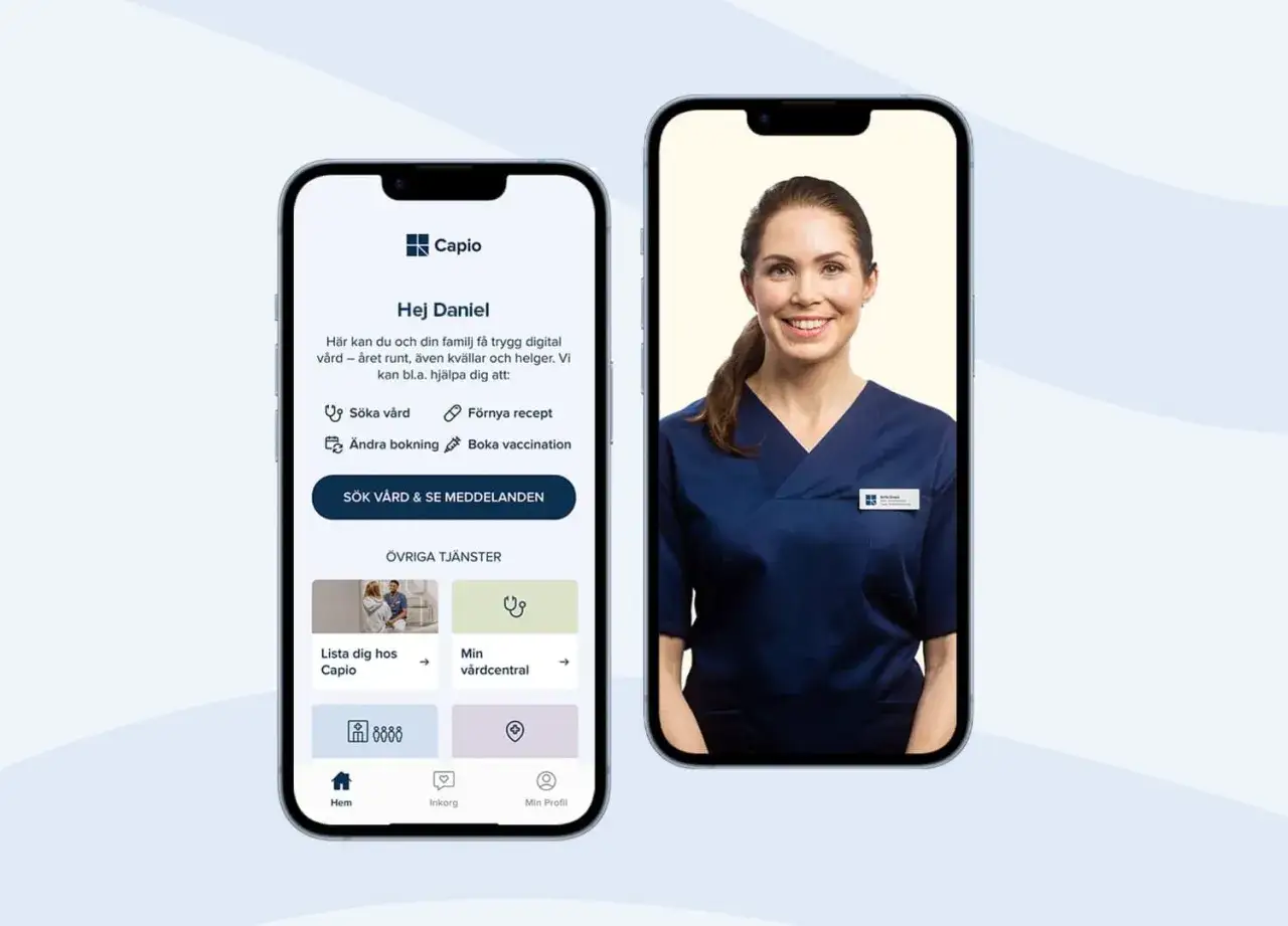 Två telefoner visar appen Capio. En visar en glad sjuksköterska, den andra visar tjänster som