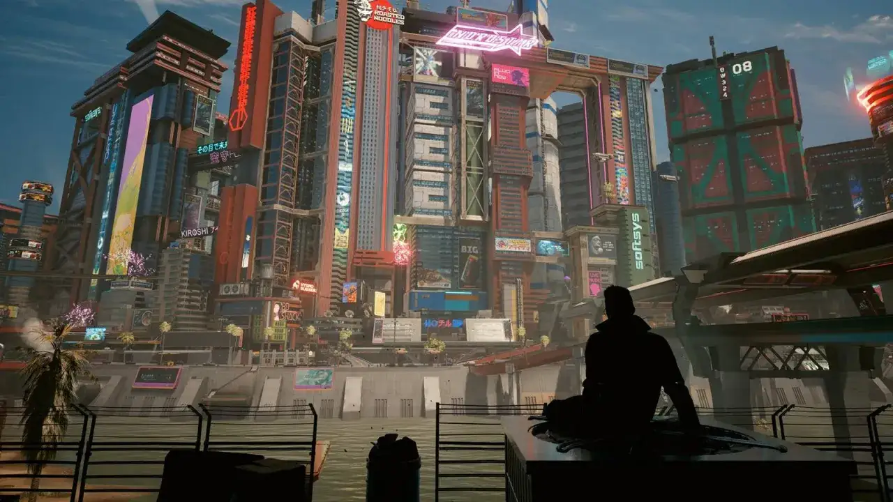 Silueta de un hombre contemplando la imponente ciudad de Night City, con sus rascacielos y neones. ¿Cuánto dura Cyberpunk 2077?