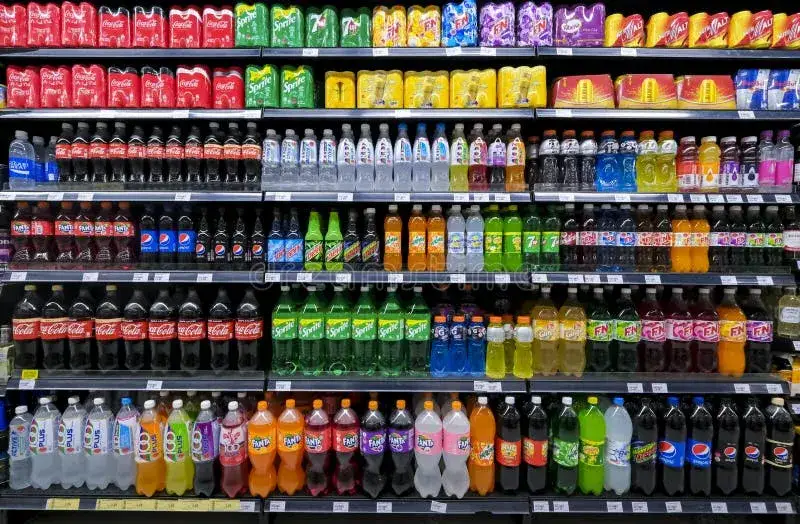 różne butelki i kartony soków oraz napojów gazowanych