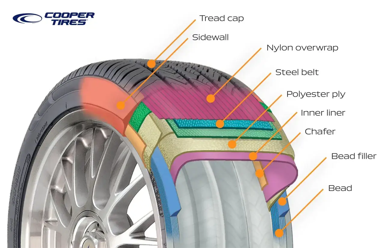 Przekrój opony Cooper Tires, ukazujący budowę: bieżnik, ścianę boczną, stalowy kord, poliestrową osnowę i inne elementy.