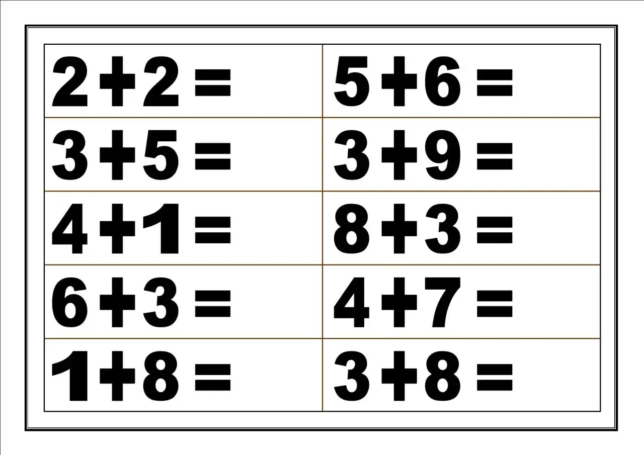 Tabla con sumas para imprimir: 2+2, 3+5, 4+1, 6+3, 1+8 y 5+6, 3+9, 8+3, 4+7, 3+8.