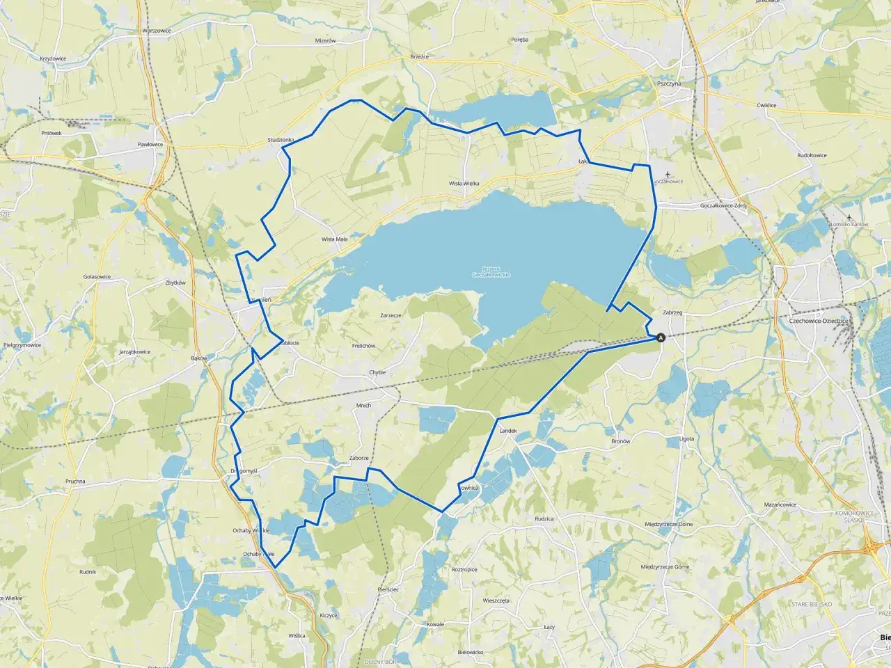 Mapa z zaznaczoną trasą rowerową wokół jeziora goczałkowickiego.