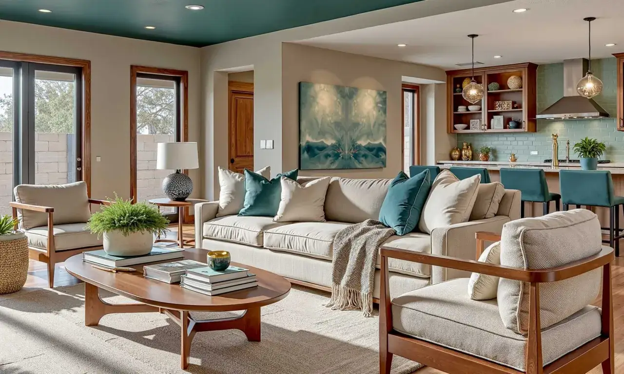 A living room with a teal ceiling, a beige sofa, and a coffee table. This image shows how to paint a ceiling for a dramatic effect.