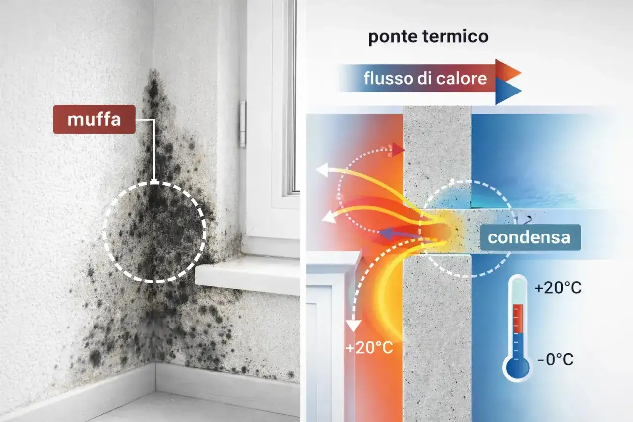 Angolo di una stanza con muffa e un diagramma che illustra il ponte termico, la condensa e il flusso di calore.