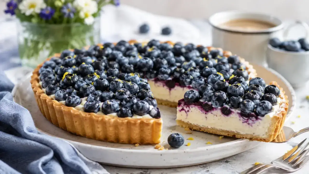 Pyszna tarta z mascarpone i borówkami, ozdobiona skórką cytrynową. Idealna na letnie popołudnie.