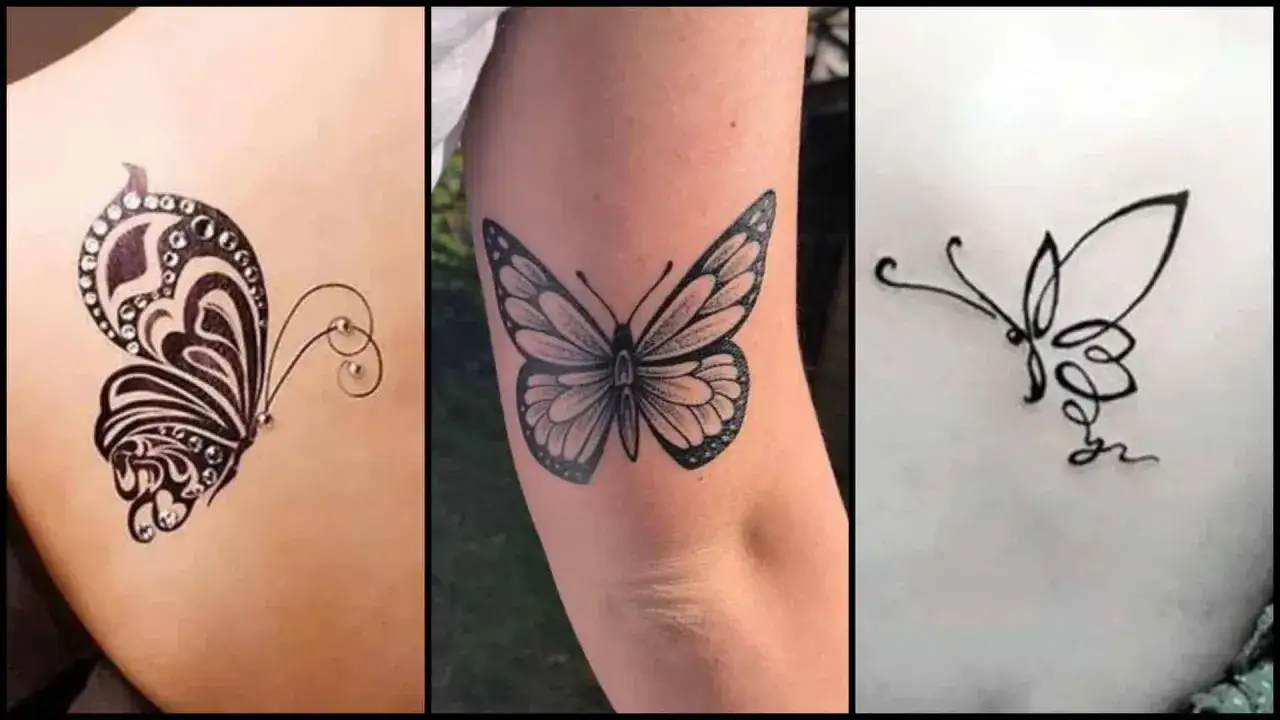 Trzy r&oacute;żne tatuaże motyl: ozdobny z koralikami, realistyczny na ramieniu i minimalistyczny z jednej linii.