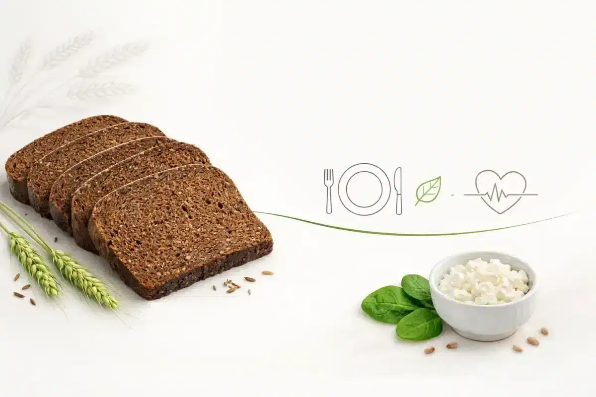 Plasterki pumpernikla, ser biały, liście szpinaku i symbole zdrowego odżywiania. Pumpernikiel kcal - zdrowy wybór.