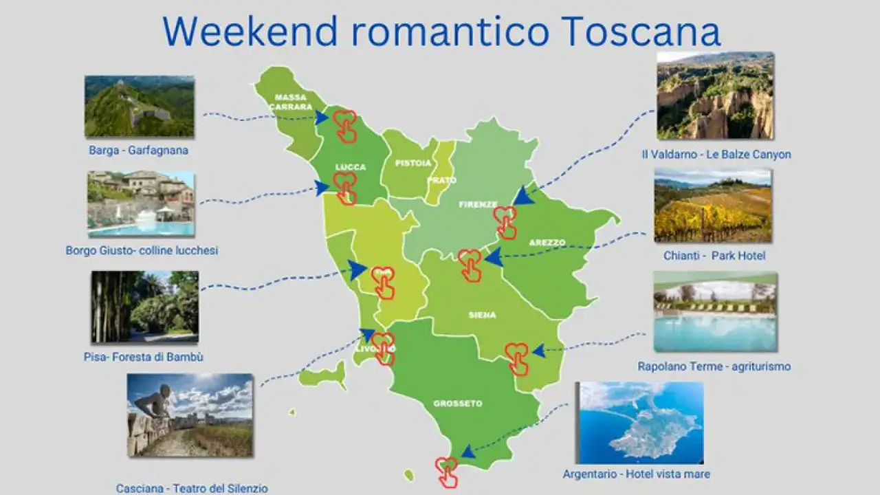 Mappa dei borghi vicino Siena e altre mete romantiche in Toscana, con immagini di castelli, canyon, vigneti e agriturismi.