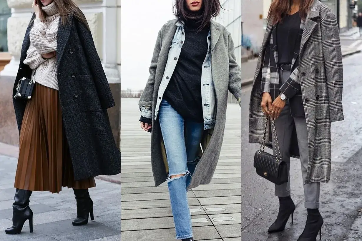 Tre donne mostrano come vestirsi a strati con cappotti eleganti, maglioni a collo alto, gonne a pieghe e jeans strappati.