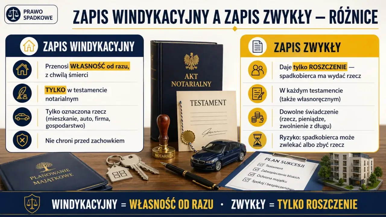 Zapis zwykły w testamencie daje tylko roszczenie, w przeciwieństwie do zapisu windykacyjnego, który przenosi własność od razu.