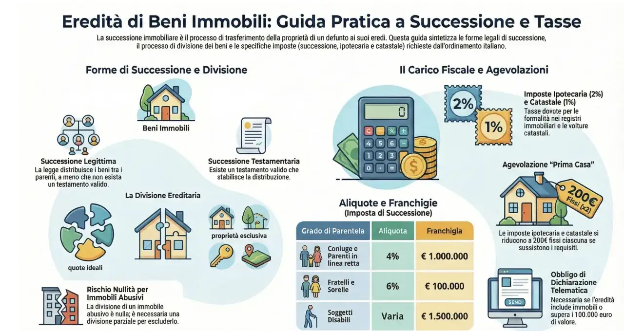 Guida alla successione immobiliare: imposte, aliquote e franchigie. Calcolatrice, denaro e francobolli indicano i costi della dichiarazione di successione.