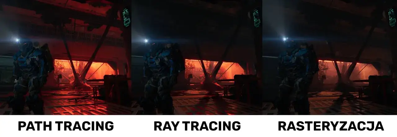 Porównanie grafiki: Path Tracing, Ray Tracing i Rasteryzyacja. Widoczny żołnierz w niebieskiej zbroi w mrocznym wnętrzu.