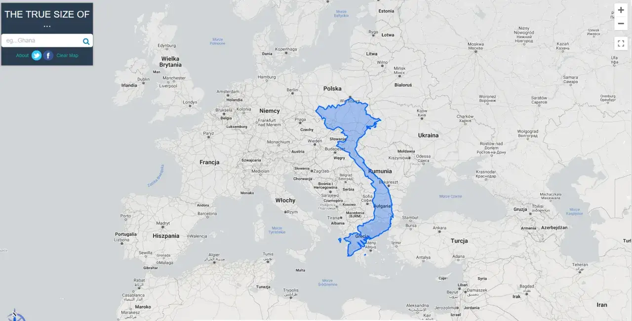 Powierzchnia Wietnamu porównana z Europą. Widać, jak duży jest Wietnam w stosunku do Polski i innych krajów.