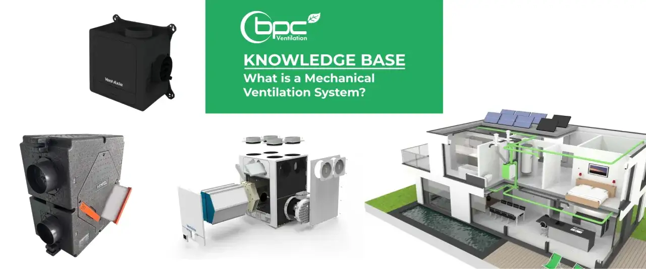 Unidades de ventilaci&oacute;n artificial y un corte de una casa mostrando el sistema de ventilaci&oacute;n mec&aacute;nica.