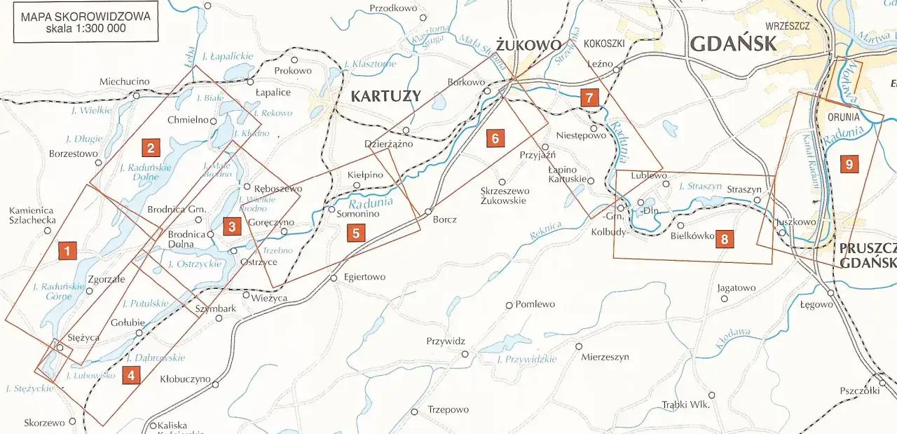 Kajaki Kaszuby trasy: mapa z zaznaczonymi szlakami wodnymi i miejscowościami, idealna do planowania spływów kajakowych po malowniczych jeziorach i rzekach regionu.