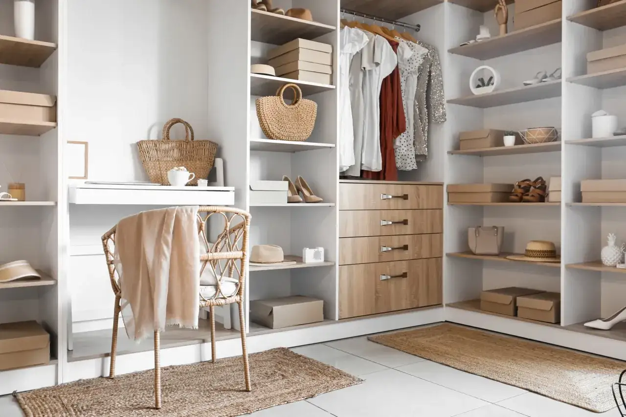 Un armario organizado, parte de un proyecto armario, con ropa, cestas, sombreros y zapatos. Una silla de mimbre con una manta a&ntilde;ade un toque acogedor.
