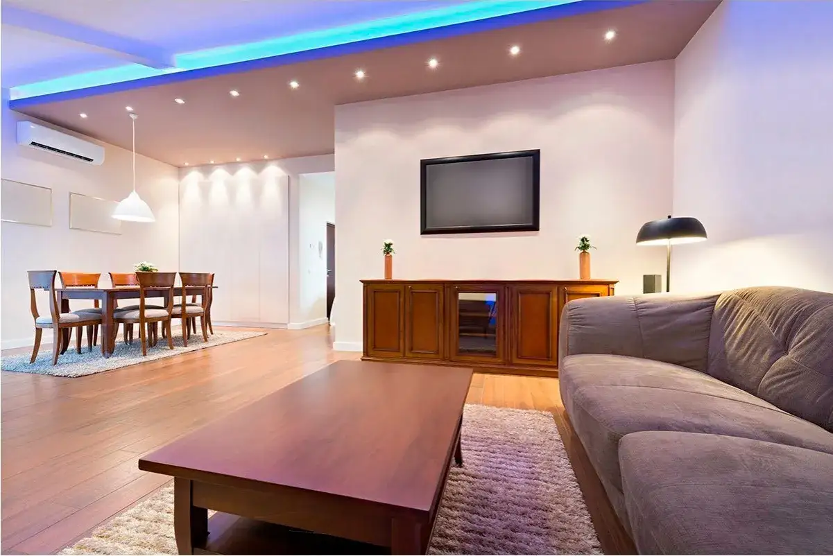 Sala de estar y comedor modernos con luz fr&iacute;a k. Sof&aacute;, mesa de centro, mesa de comedor, sillas y TV.
