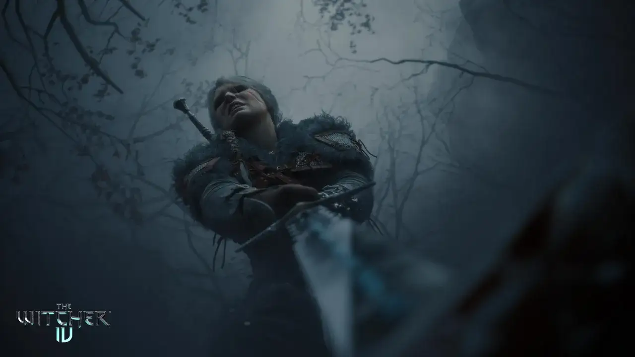 Ciri, wiedzmin 4, w mglistym lesie, z mieczem w dłoni, gotowa do walki.
