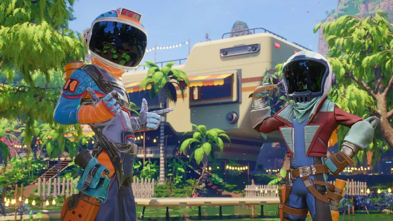 Dos astronautas listos para la acci&oacute;n en un entorno tropical, ideal para juegos multijugador PS5.