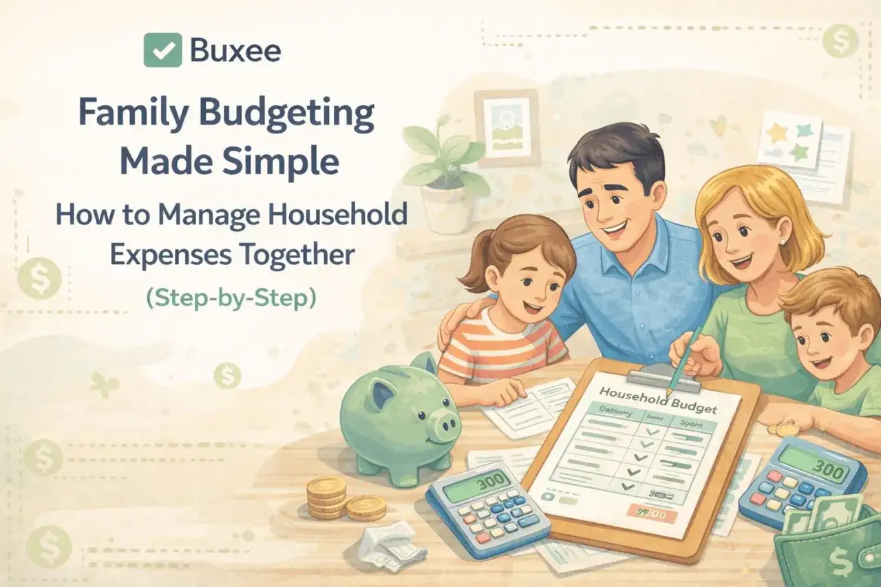 Famiglia unita affronta problemi economici in famiglia con un budget. Un salvadanaio, calcolatrice e fogli aiutano a gestire le spese.