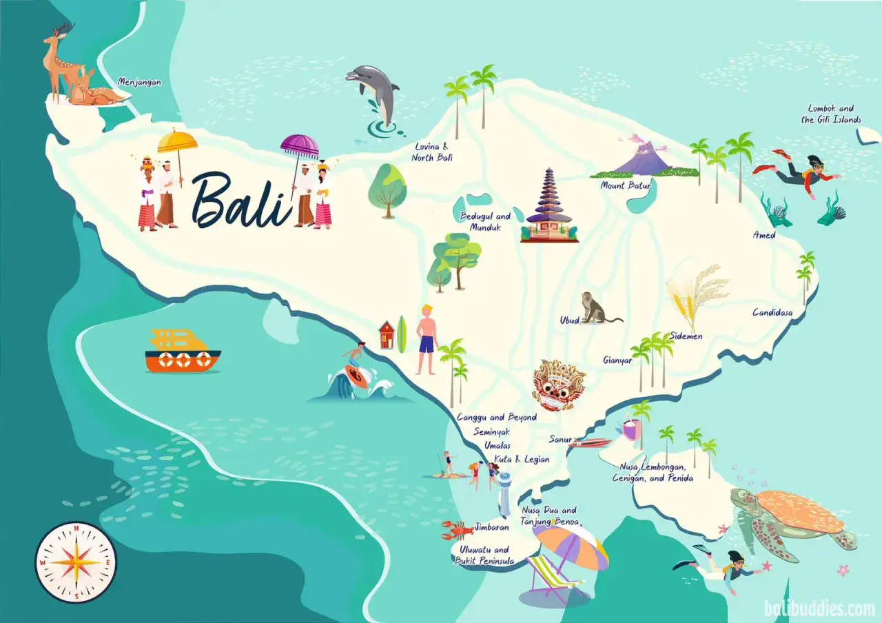 Carte de Bali illustrée : découvrez les sites incontournables, des cerfs aux dauphins, en passant par les temples et les plages. Votre guide Bali ultime !