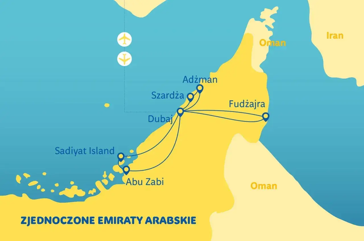 Mapa Zjednoczonych Emiratów Arabskich z zaznaczonymi miastami: Dubaj (stolica), Abu Zabi, Szardża, Adżman, Fudżajra. Widoczne połączenia lotnicze.