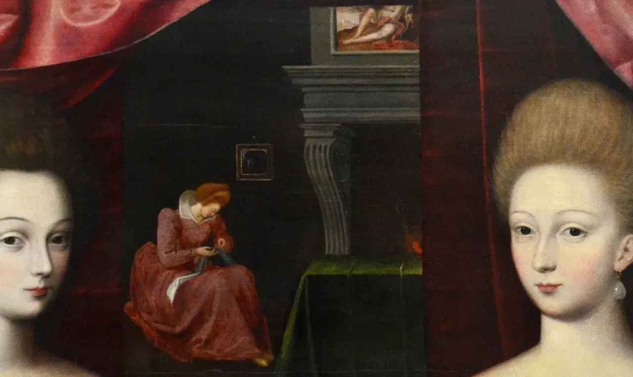 Gabrielle d'Estrées and one of her sisters, both elegantly dressed, are depicted in this painting. One sister is shown sewing by a fireplace.