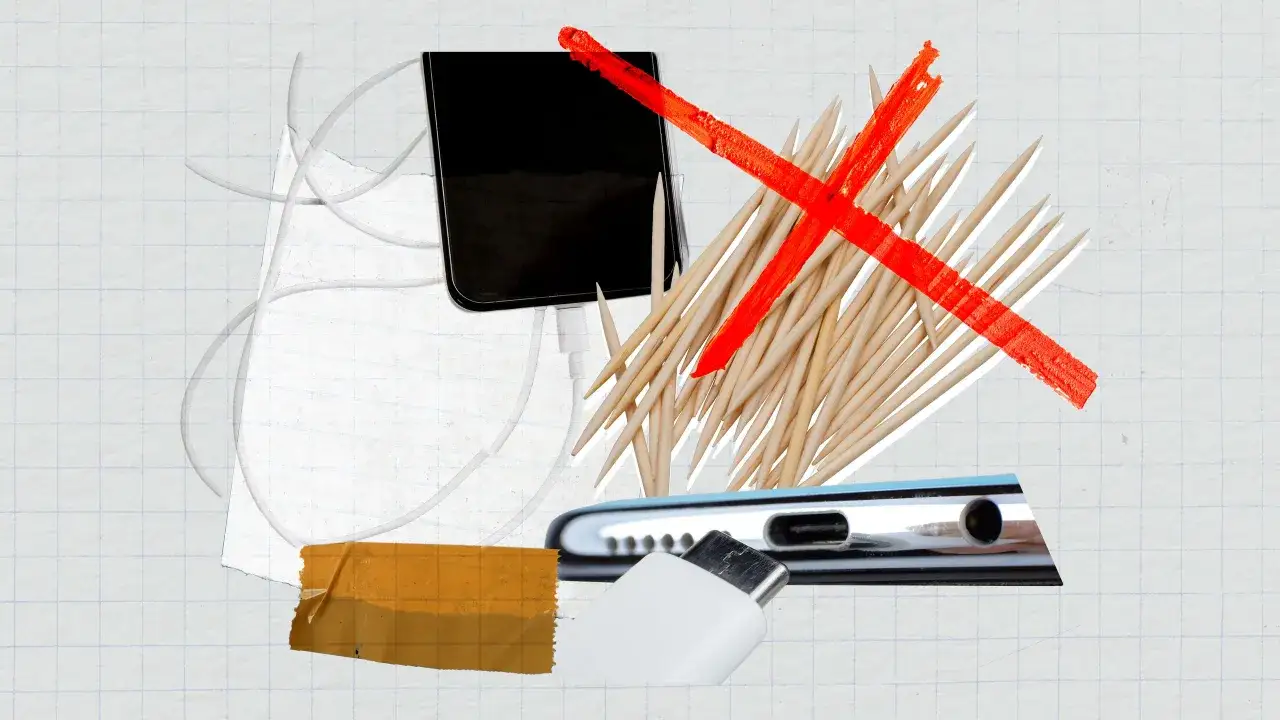 En iPhone 12 laddar inte. En r&ouml;d markering &ouml;ver tandpetare och en laddkabel indikerar problem.