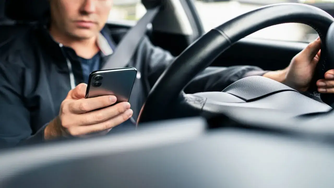 Mężczyzna za kierownicą korzysta z telefonu, ignorując drogę.