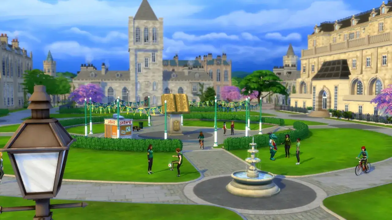 Sims 4: kampus uniwersytecki z fontanną i studentami. Kierunki prestiżowe wymagania do spełnienia, by dostać się na wymarzone studia.