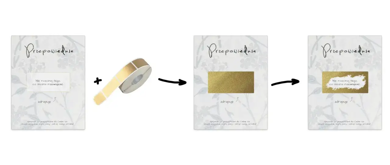 Sekrety produkcji farby do zdrapywania: złota taśma na rolce, którą przykleja się do karty z napisem