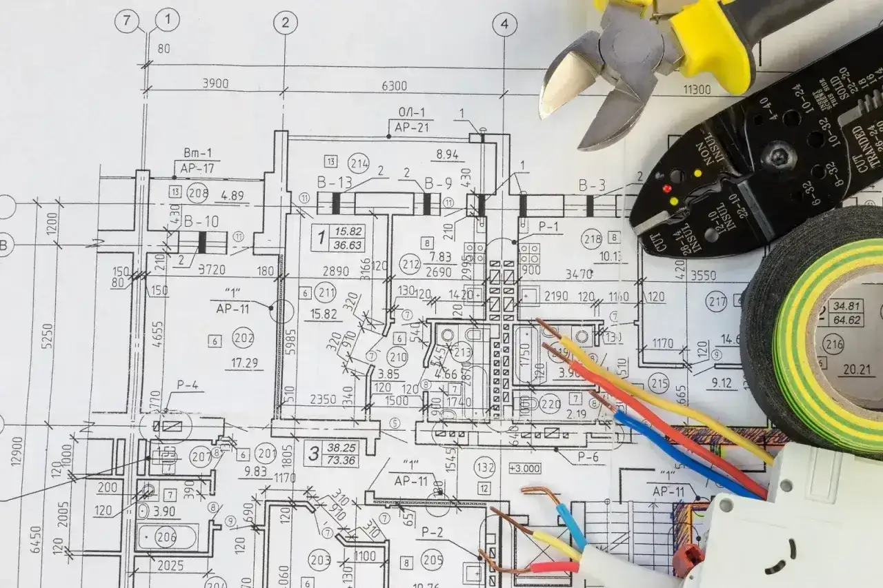 Narzędzia elektryczne i schemat instalacji, gdzie widoczne są **kolory faz** przewodów: czerwony, żółty, niebieski.