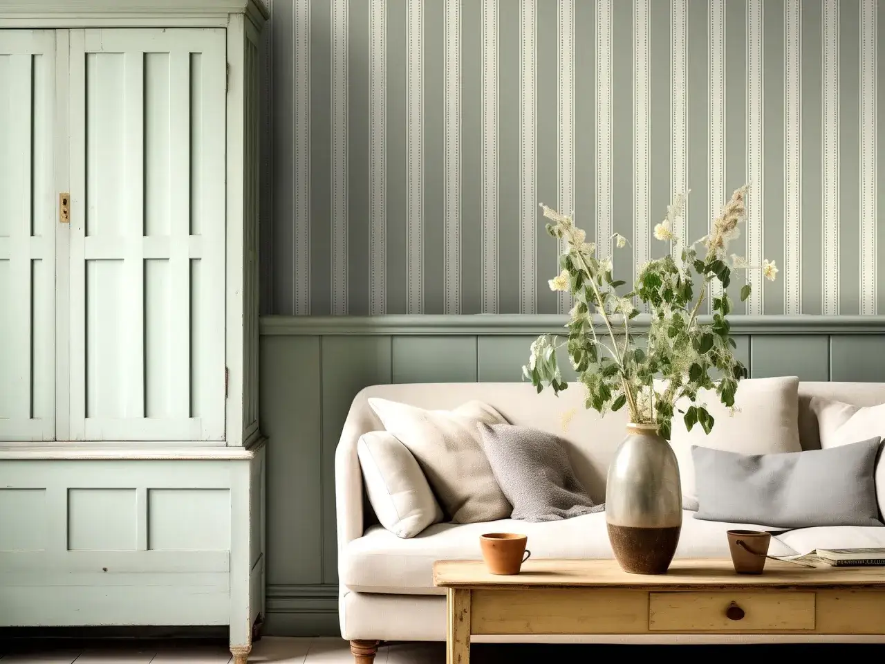 Un salón acogedor con un sofá beige, una mesa de madera y un armario verde menta. El papel pintado de rayas verticales demuestra que se puede poner papel pintado sobre gotelé.